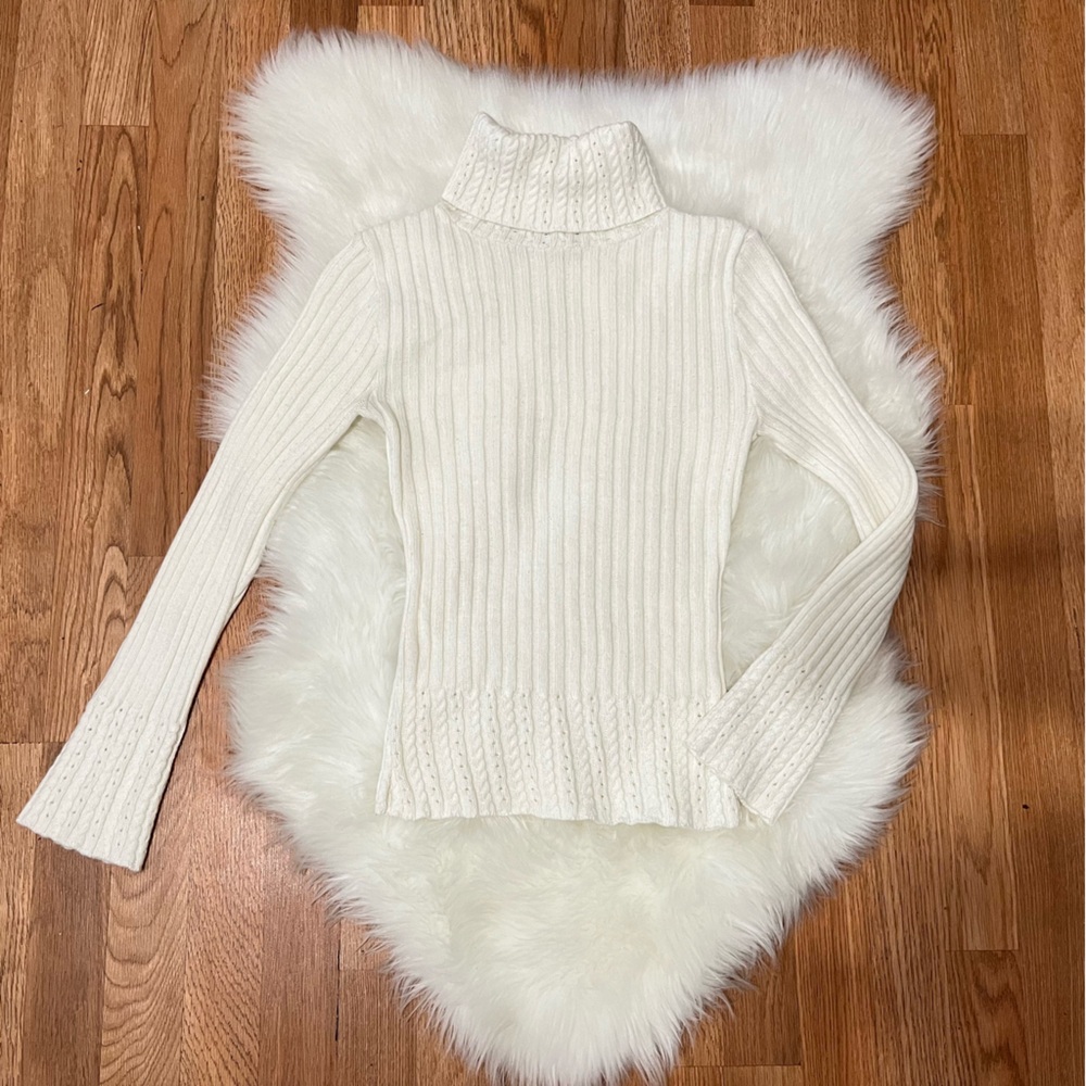 Vintage Y2K The Great American Sweater Co Ivory Pointelle Ribbed Turtleneck S